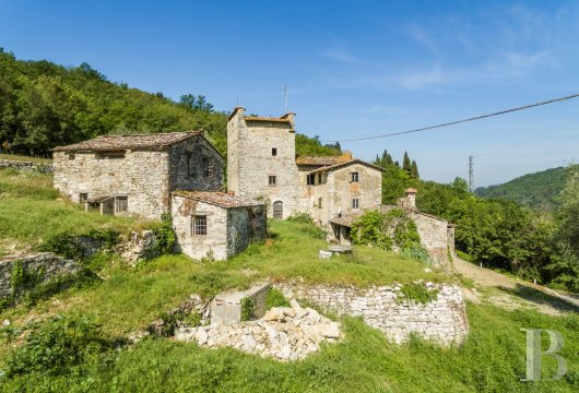 Dans les collines du Chianti, à proximité de Florence, un authentique casale toscan avec tour médiévale sur ...